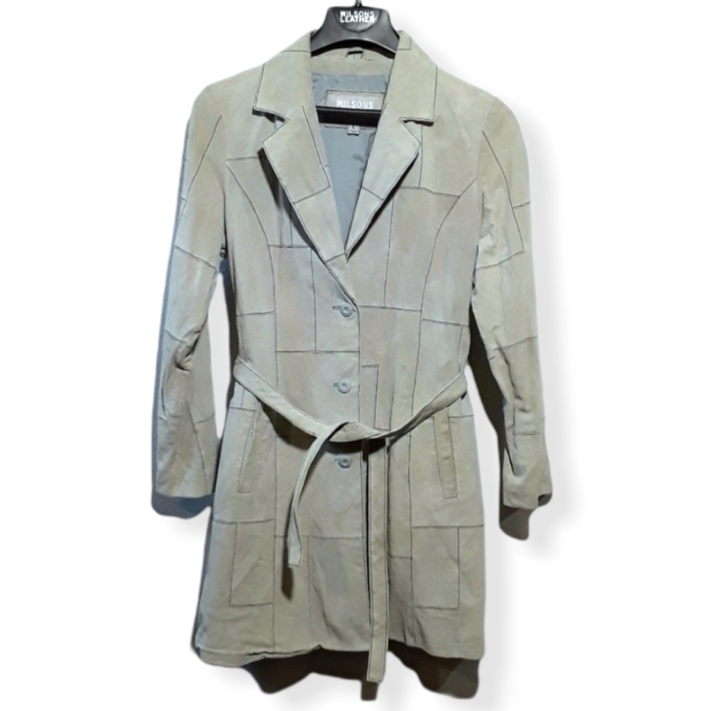 Wilsons Leather Maxima 100% Suede Leather Trench Coat Large Euc